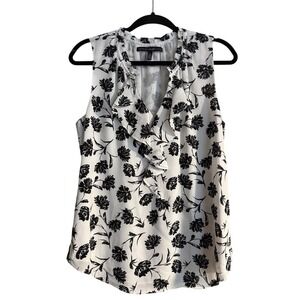 White Black Floral Ruffle‎ V Neck Sleeveless Blouse Women's Top Size Med
